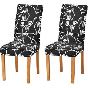Kigai Dancing Skeletons Skull Chair Covers for Dining Room, Washable Chair Protector Seat Covers Set of 4, Removable Stretch Cushion Slipcovers for Hotel, Ceremony, Banquet, Wedding, Party
