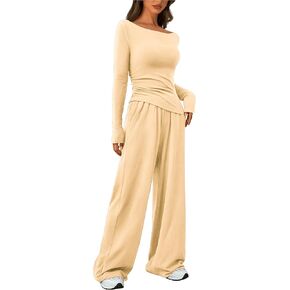 Women's Fall Two Piece Outfits Asymmetrical Long Sleeve T Shirt Wide Leg Pants Lounge Sets for Women Casual Tracksuit