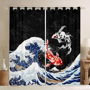 اليابانية ukiyoe الأسماك الستائر المحيط تصفح كوي نافذة الستائر لغرفة النوم غرفة المعيشة الأطفال الأولاد الكبار على الطريقة اليابانية الغريبة كوي الحيوان نافذة الستائر الغريبة نمط نافذة العلاجات 38W × 45L، 2 لوحات