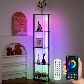 5 Tiers Corner Shelf with Light Display Corner Bookshelf with Light Floor Corner Lamp with Shelves Corner Storage Cabinet Corner Decor for Living Room Home, Mobile APP and Remote Control