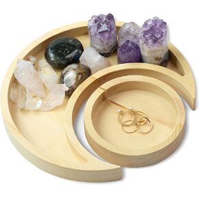 Crystal Holder Moon Tray with Round Dish Display - Natural Pine Wooden Crystal Tray for Stones Healing Crystals Storage and Organizer - Crescent Spiritual Boho Home Decor Essential Oil Jewelry Rings