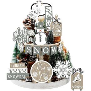 Dandat 15 Pcs Christmas Tiered Tray Decor Winter Tiered Tray Decorations Set Snowman Snowflake Wooden Signs Winter Table Decorations Rustic Farmhouse Decor for Xmas Winter Home Table Shelf