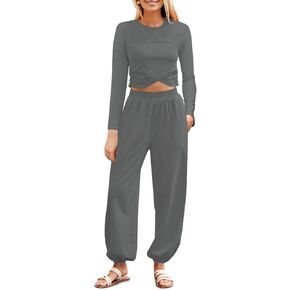 Fisoew Women's 2 Piece Lounge Sets Casual Long Sleeve Crossover Crop Tops Jogger Pants Tracksuits Outfits