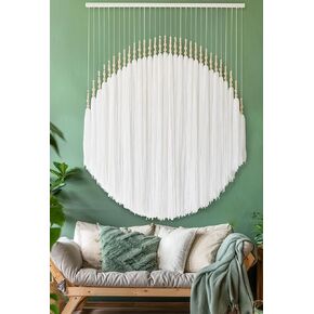 Macrame Wall Hanging Yarn Handmade White Beaded Tassel Wall Decor - Natural Aesthetic and Unique Charm - Ideal for Living Rooms, Bedrooms, and Offices - Boho Chic Home Decor Piece 39" W x 55" L