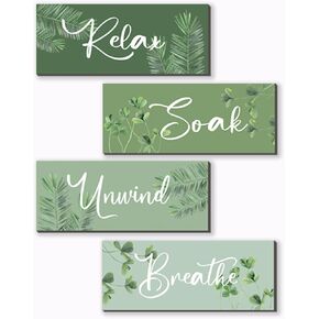 ONIZHITY 4 Pcs Sage Green Bathroom Wall Decors Relax Soak Unwind Breathe Wooden Word Sign Rustic Sage Green Bathroom Accessories For Bedroom Living Room Office Green Decorations(Green 10X4 Inch)