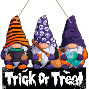 Halloween Door Sign Trick or Treat Welcome Sign for Front Door Wooden Gnome Hanging Sign for Front Door Halloween Door Decorations Wreath Door Hanger for Home Indoor Outdoor Yard Party Decor