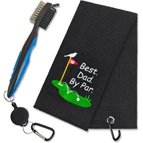 Best Dad by Par Embroidered Golf Towels with Clip and Golf Brush with Retractable Extension Cord, Funny Golf Towel Gifts and Golf Accessories Set for Dad Father Grandpa Uncle Golfers Golf Fan