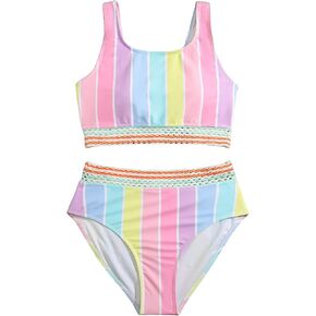 Milumia Girl 2 Piece Striped Bikini Swimsuit Contrast Mesh Scoop Neck Bathing Suit