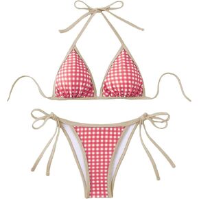 Women's Plaid Gingham Bathing Suit High Waisted Halter Triangle Swimsuit Bikini Set in Kuwait