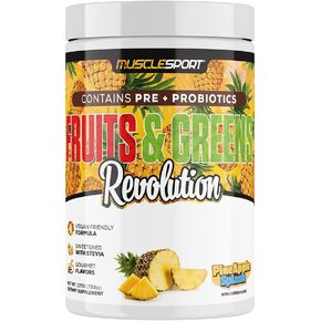 Musclesport Fruits & Greens - Fruit, Vegetable and Antioxidant Supplement, Including Wheat Grass and Spirulina, Added Fiber and Probiotics - 30 Servings (Pineapple Splash)