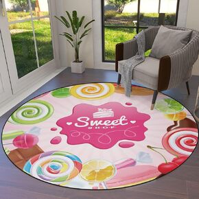 Round Area Rugs Children Crawling Mat Non-Slip Mat, Cartoon Sweet Shop Pink Candy Cake Lollipop Residential Carpet for Living Dining Room Kitchen Rugs Decor Colorful Donuts, 3Ft(36In)