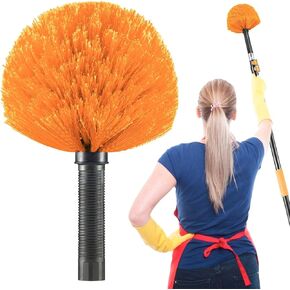 Screw on Cobweb Duster Brush Head | Spider Web Brush for Outdoor and Indoor Web Cleaning, Twist-On Corner Duster Fits Standard US 3/4 Inch Acme Threaded Poles (Pole Not Included) (Orange)