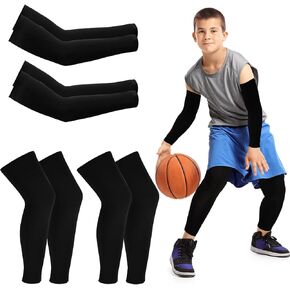 4 Pairs Kids Leg Sleeves Compression and Arm Sleeves,Youth Leg Sleeves Arm Wraps with Anti-slip Silicone Strips