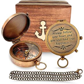 Brass Compass Unique Print 'Always Follow Your Heart' Engraved Compass Retro Brass Compass with Luxurious Wooden Box Storage - Nautical Charm for Your Travels