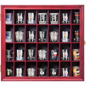 Shot Glass Display Case Large Wooden Cabinet Rack Holder Wall Mounted Mahogany Shadow Box Lockable with UV Protection Acrylic Glass Door Shot Glass Storage with Removable Shelves, 18"x26", 36 Slots
