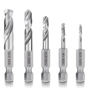5Pcs 1/4'' Hex Shank Stubby Drill Bit Set for Metal, HSS M2 for Quick Change 3/32, 1/8, 3/16, 1/4, 5/16 Inch