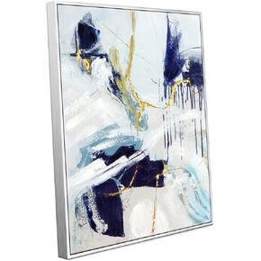Blue Abstract Wall Art with Gold-foil - Navy Blue and Gold Graffiti on light background Canvas artwork Decor with hand texture for Living room, Bedroom, office，Framed, Ready to hang