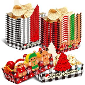 Christmas Paper Food Tray 24pcs Buffalo Plaid Xmas Decorations Christmas Gingerbread Man Disposable Snack Popcorn Bowl for Winter Christmas Party Supplies