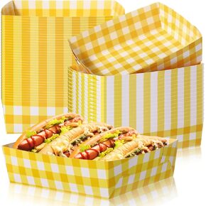 Suclain 36 Pack Yellow and White Gingham Paper Trays 5 lb Grease Resistant Large Snack Serving Trays Disposable Food Boats for Birthday Honey Bee Party Tea Party Baby Shower Supplies
