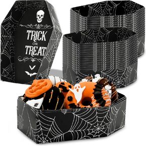 100Pcs Halloween Coffin Snack Trays Trick or Treat Paper Food Trays Black White Bat Skull Spider Web Coffin Boxes for Halloween Party Food Storage Serving Supplies