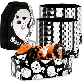 50Pcs Halloween Paper Food Trays Coffin Shaped Boo Ghost Disposable Food Boats White Black Food Holder Serving Trays for Party Snack Supplies