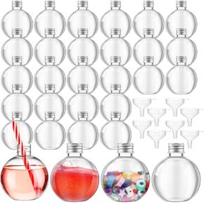 Jinei 30 Packs 8 oz Ball Shape Plastic Sand Art Bottles Spherical Clear Plastic Potion Bottles Christmas Cocktail Ornament Balls with Funnels for DIY Wedding Party Gift Crafts Decoration(Lid,Gold)