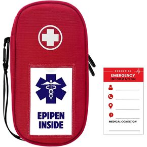 حقيبة حمل EpiPen معزولة، حقيبة طبية للطوارئ مع حلقة تسلق لقلمين EpiPen، جهاز استنشاق الربو، Auvi-Q، مضاد للهستامين، طب الحساسية، قطرات العين، حقيبة سفر لمرضى السكري (أحمر)