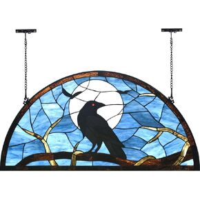 Bieye W10097 Tiffany Style Stained Glass Window Panel with Raven Sitting on Bare Tree Branch against Full Moon Scene for Halloween Decor (Dark Blue, 22" Wx22 H Square)