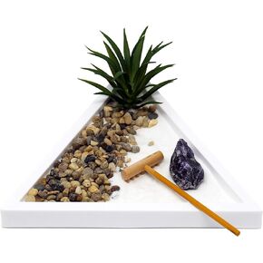 Nature's Mark Mini Zen Garden Kit for Desk with White Sand, Rake, White Base, Salt Rock and Air Plant (Triangle)