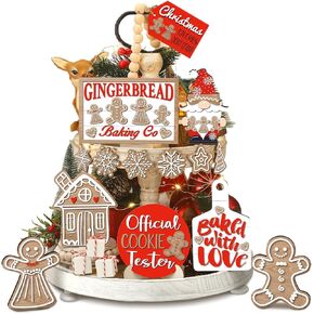 15 Pcs Christmas Tiered Tray Decor Christmas Gingerbread Wooden Signs Farmhouse Christmas Tiered Tray Decorations Set Gingerbread Wood Table Decor for Xmas Winter Holiday Home Kitchen