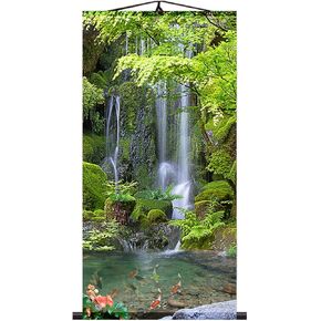 Zzooi Chinese Lucky Fengshui Painting Waterfall Golden Carps Wall Art Hanging Silk Painting Scroll,Feng Shui Decor