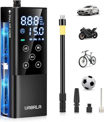 منفاخ الإطارات، ضاغط هواء محمول 2 في 1، مضخة إطارات لاسلكية أسرع 2X مع مقياس ضغط الإطارات، شاحن USB سريع، مضخة هواء مع ضوء LED للسيارة والدراجات والدراجات النارية والكرة (محدثة) in Kuwait