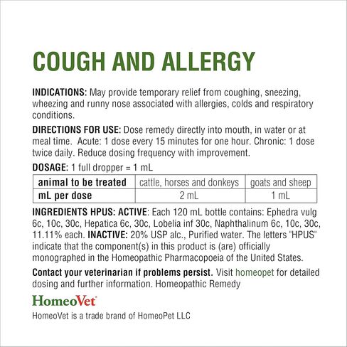 HomeoVet EquioPathics Cough and Allergy, Natural Allergy Medication for Large Animals, 120 Milliliters in Kuwait