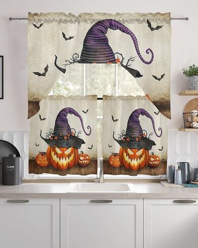 Horror Halloween Swag Kitchen Curtain Sets with Valance,3 Pieces Rod Pocket Curtain Drapes for Bedroom Bathroom Cafe Windows,Skull Pumpkin Bat Berry Purple Orange 56''x36''&24''x27.5''x2Panels in Saudi Arabia