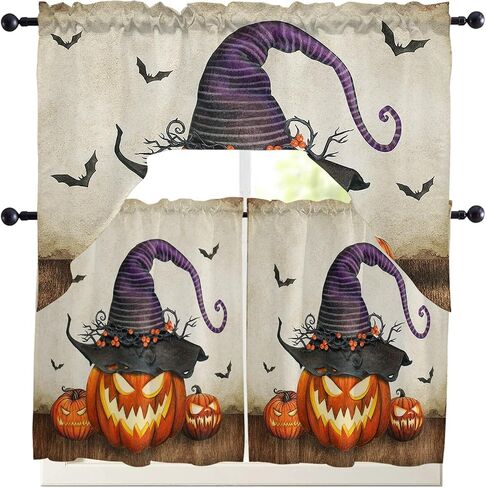 Horror Halloween Swag Kitchen Curtain Sets with Valance,3 Pieces Rod Pocket Curtain Drapes for Bedroom Bathroom Cafe Windows,Skull Pumpkin Bat Berry Purple Orange 56''x36''&24''x27.5''x2Panels in Saudi Arabia