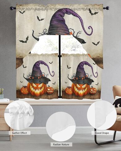 Horror Halloween Swag Kitchen Curtain Sets with Valance,3 Pieces Rod Pocket Curtain Drapes for Bedroom Bathroom Cafe Windows,Skull Pumpkin Bat Berry Purple Orange 56''x36''&24''x27.5''x2Panels in Saudi Arabia