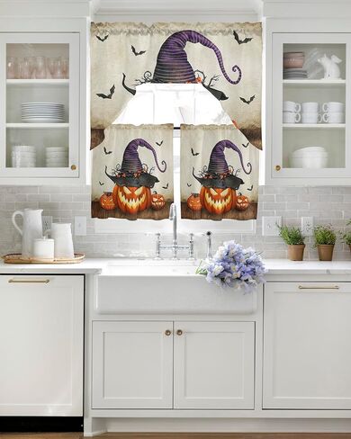 Horror Halloween Swag Kitchen Curtain Sets with Valance,3 Pieces Rod Pocket Curtain Drapes for Bedroom Bathroom Cafe Windows,Skull Pumpkin Bat Berry Purple Orange 56''x36''&24''x27.5''x2Panels in Saudi Arabia