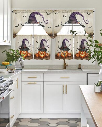 Horror Halloween Swag Kitchen Curtain Sets with Valance,3 Pieces Rod Pocket Curtain Drapes for Bedroom Bathroom Cafe Windows,Skull Pumpkin Bat Berry Purple Orange 56''x36''&24''x27.5''x2Panels in Saudi Arabia