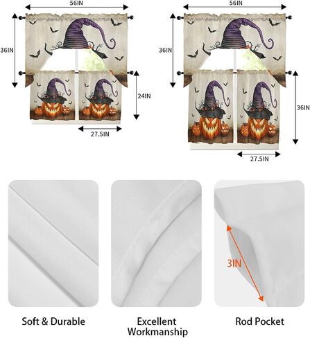 Horror Halloween Swag Kitchen Curtain Sets with Valance,3 Pieces Rod Pocket Curtain Drapes for Bedroom Bathroom Cafe Windows,Skull Pumpkin Bat Berry Purple Orange 56''x36''&24''x27.5''x2Panels in Saudi Arabia
