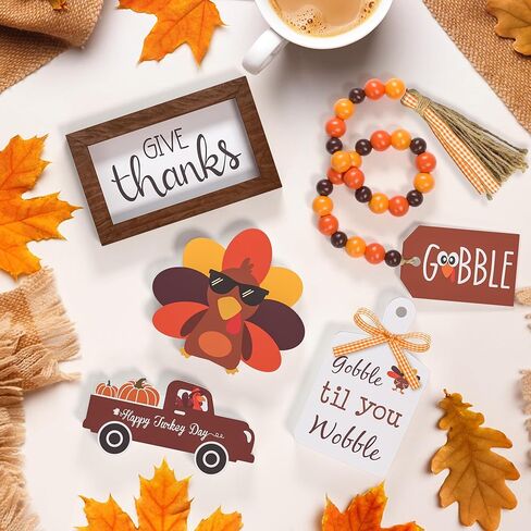 ديكور صينية متدرجة لعيد الشكر - علامات خشبية تعطي الشكر لتركيا، علامات طاولة إكليل الخرز، ديكورات المزرعة لحفلات عيد الشكر، المنزل، المطبخ، المكتب in Kuwait
