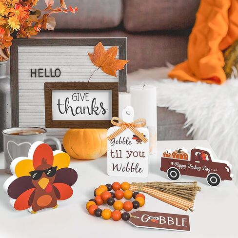 ديكور صينية متدرجة لعيد الشكر - علامات خشبية تعطي الشكر لتركيا، علامات طاولة إكليل الخرز، ديكورات المزرعة لحفلات عيد الشكر، المنزل، المطبخ، المكتب in Kuwait