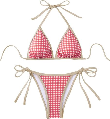 Women's Plaid Gingham Bathing Suit High Waisted Halter Triangle Swimsuit Bikini Set in Kuwait