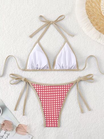 Women's Plaid Gingham Bathing Suit High Waisted Halter Triangle Swimsuit Bikini Set in Kuwait