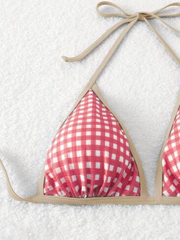 Women's Plaid Gingham Bathing Suit High Waisted Halter Triangle Swimsuit Bikini Set in Kuwait