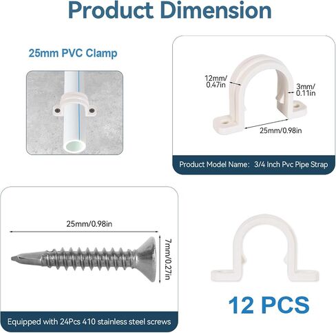 مشابك أنابيب 3/4 بوصة، حزام أنابيب PVC محدث 25 مم مشبك قناة مع 24 قطعة 410 براغي ذاتية التنصت لـ 12 مجموعة 3/4 مشابك قناة بلاستيكية in Kuwait