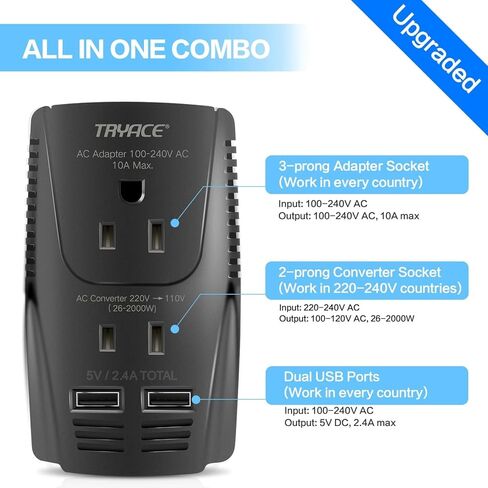 2000W Exclusive Voltage Converter and 10A Travel Adapter with 2-Port USB,Power Converter Step Down 220V to 110V for Hair Dryer/Straightener/Curling Iron,US/UK/EU Plug, Gray, A9 in Saudi Arabia