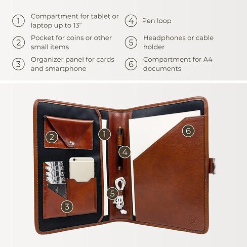 حافظة جلدية مقاومة للوقت - مجلد أعمال مقاس A4 - حافظة منظم المستندات - حافظة لجهاز كمبيوتر محمول مقاس 13 بوصة - صندوق هدايا متضمن in Kuwait