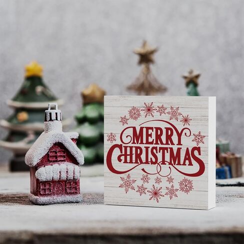 الرجعية ريفي الشتاء عيد ميلاد سعيد مع الثلج علامة مربع الخشب، مزرعة عيد الميلاد سانتا ديكور العمل الفني، الخشب مربع علامة مكتب كتلة علامات المنزل الجرف مكتب الديكور 5 × 5 بوصة in Kuwait