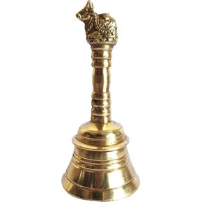 GURU JEE™ Brass Gannti Nandi Ghanti Small Hand Held Bell Musical Jingle Ganti Bell for Puja Pooja Prayer Temple Mandir Home Gift Showpiece