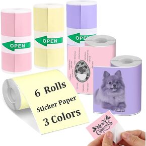 Colorful Thermal Printer Paper, Black Character on Yellow/Purple/Pink Colored Printer Paper, Self-Adhesive Thermal Paper, 56mm x 3.5m, Diameter 30mm, 6 Rolls Thermal Labels For Mini Printer